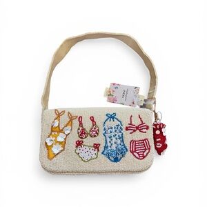 Beaded Swimwear Motif Shoulder Bag - Ivory. With Bikini Charm.